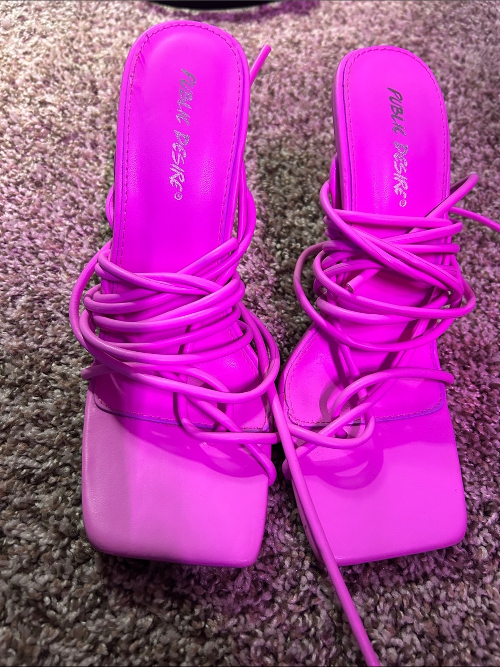 Public Desire Pink Strap Square-Toe Lace-Up Sandals